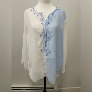 Unique Int’l Blue and White Embroidered Long Sleeve Peasant Blouse
